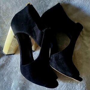 Michael Kors Black Peep-Toe Heels with Gold Accent